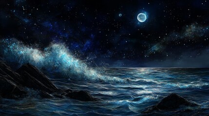 Fototapeta premium making the ocean surface appear darker, while the turbulent waters reflect the moonlight subtly. The background is a dark space with a few twinkling stars.