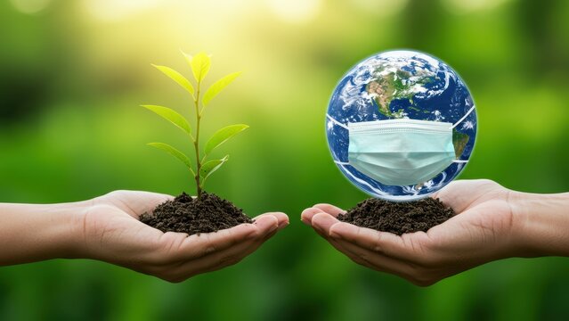 Hands holding green plant and earth with mask, symbolizing sustainability and health awareness