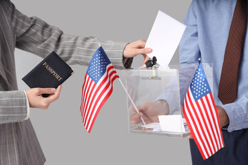 Woman with passport putting voting paper into ballot box on white background. Election concept