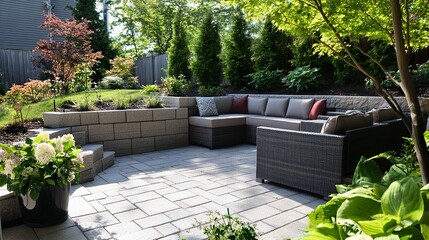 Modern patio with textured pavers retaining wall framing the space stylish furniture ideal for gatherings and relaxation.  