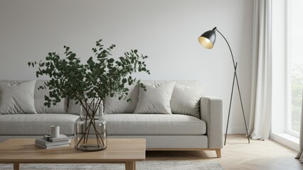 Modern living room features stylish couch, floor lamp, indoor plants, and natural light Emphasizes cozy and minimalistic decor