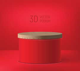 Red podium 3d with wood platform on top. Realistic 3d stage for show product on red background. Studio showcase podium mockup with fashion cyclorama. Abstract room with realistic pedestal scene.