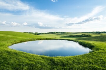 Naklejka premium Serene Golf Course Pond Under a Picturesque Sky. A Breathtaking Nature Landscape.