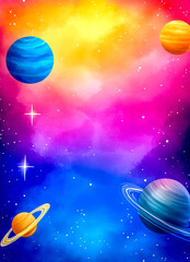 Naklejka premium Colorful galaxy watercolor painting with planets and stars