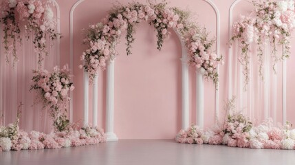 Vintage Maternity Wedding Backdrop with Pink and White Flower Arches