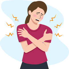 Illustration of a woman who is cold, with a pained expression and hugging her chest, to express discomfort or fever.