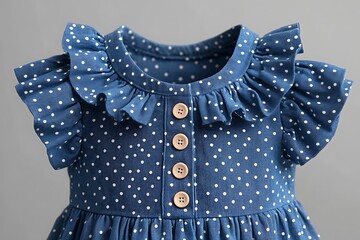Obraz premium Polka Dot Dress, Ruffled Collar, Blue Textile Apparel With Buttons, Stylish Fashion