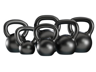 Set of different kettlebells, blank heavy cast iron powerlifting equipment, painted black, isolated...