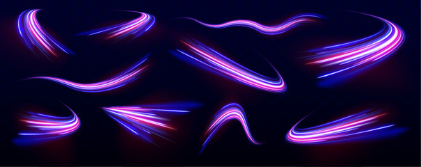 Set of neon speed lines on transparent background. Beautiful glow light flare and spark. Neon line as speed or arc, turn, twist, bend in light. Lines in the shape of a comet against a dark background. © MEDUZA