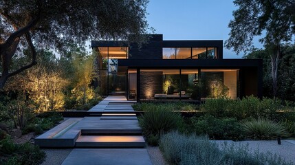 Fototapeta premium Modern sleek home dark facade warmly illuminated interior framed by lush greenery clean minimalist landscaping 