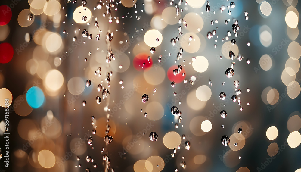 Poster close-up of raindrops on a glass surface with colorful bokeh lights in the background