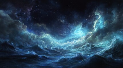 making the ocean surface appear darker, while the turbulent waters reflect the moonlight subtly. The background is a dark space with a few twinkling stars.