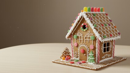Gingerbread house decorated with candy on a table Represents holiday spirit and festive activities