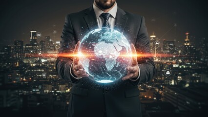 Businessman in suit holds glowing globe over city skyline at night Theme of globalization, innovation, technology