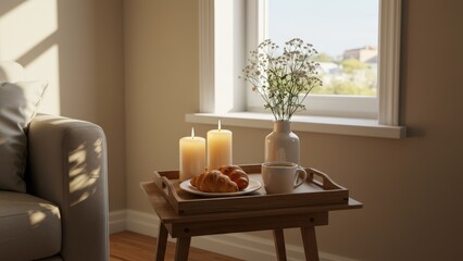 Fototapeta premium Modern living room with window, candles, flowers, coffee, croissant Cozy morning routine Inviting and serene atmosphere