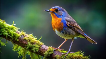 Obraz premium A vibrantly colored bird with a blue chest and orange breast perches on a moss-covered branch in a lush green forest.