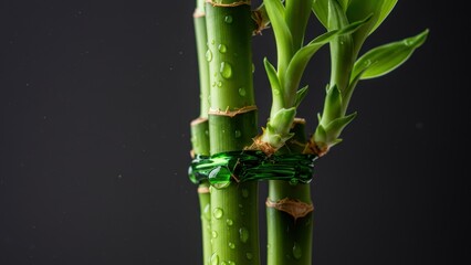 Fototapeta premium Bamboo stems with water droplets in natural light Decorative plant for wellness and tranquility