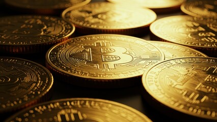 Golden bitcoins representing cryptocurrency investment and digital finance trends in macro shot