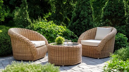 Outdoor wicker chairs and table elegant design lush greenery vibrant garden inviting space for relaxation and decor. 