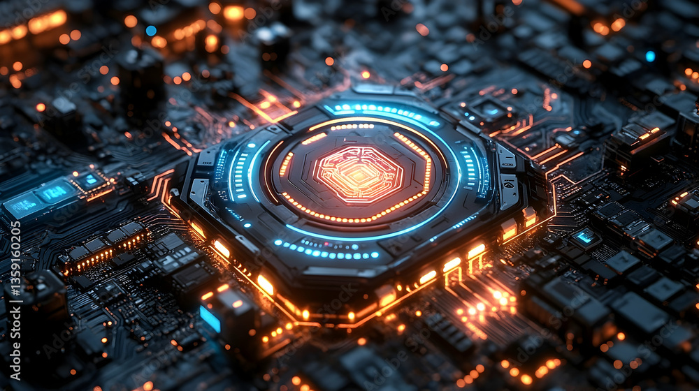Poster close-up view of a futuristic microprocessor on a circuit board with glowing elements, symbolizing t