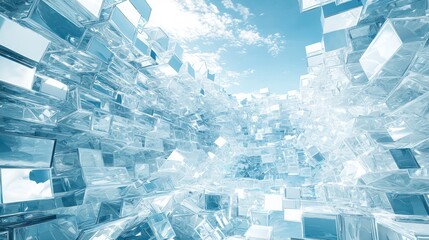 Abstract architectural tunnel of ice cubes, bright sky background