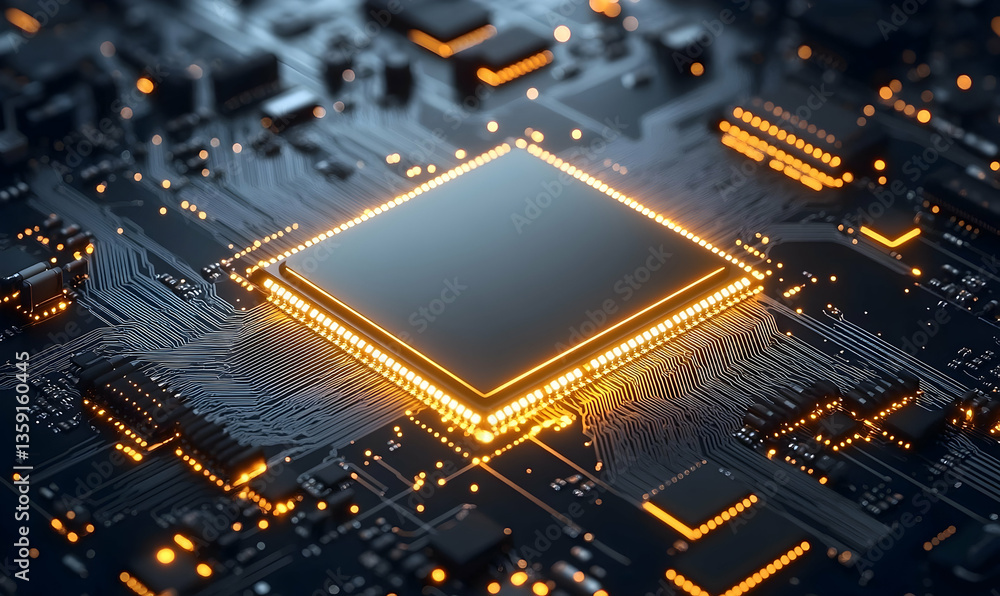 Poster close-up view of a glowing microchip on a circuit board with intricate details and technology backgr