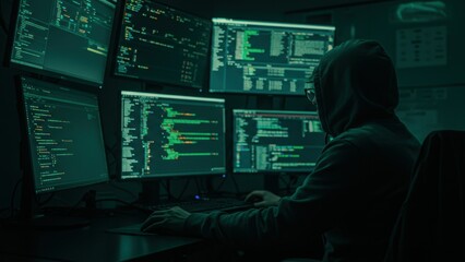 Young adult male hacker working at computer workstation in dark room, focusing on coding and cybersecurity technology