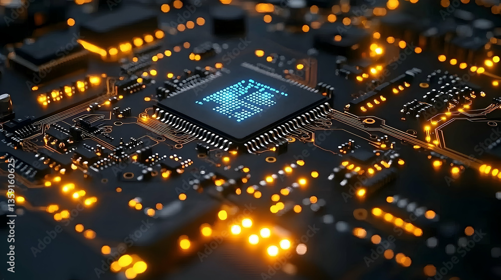 Poster close-up view of a glowing microchip on a dark circuit board with illuminated components surrounding
