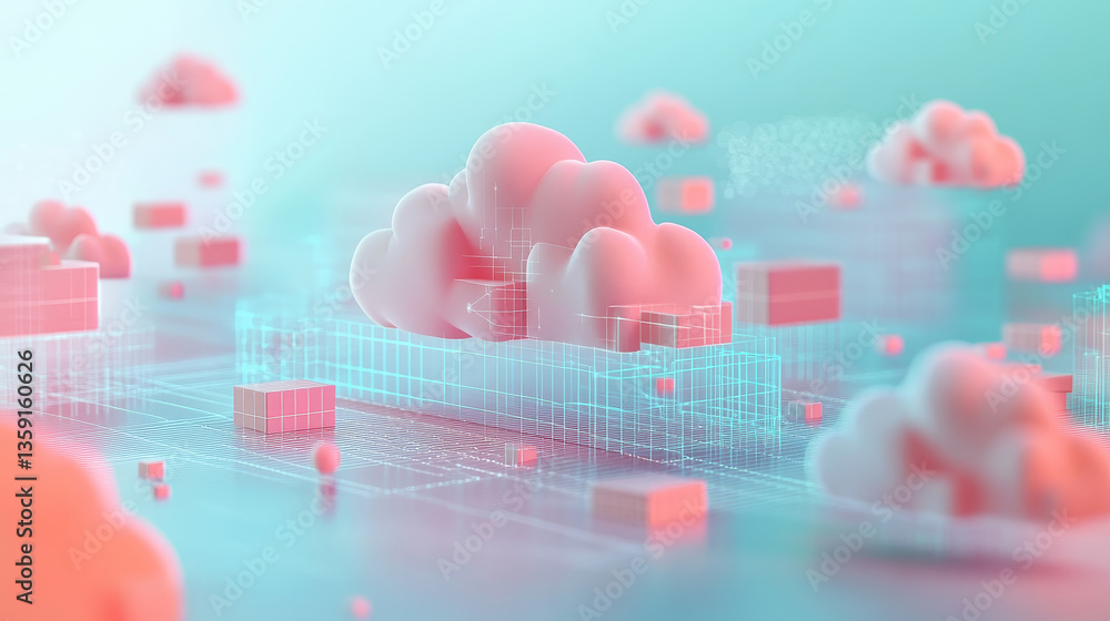 Poster cyber network 3d illustration. cloud technology. blockchain and database security. polygonal grid an