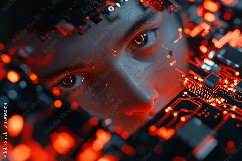 Poster digital face peers out from technology interface, binary background. ai usage