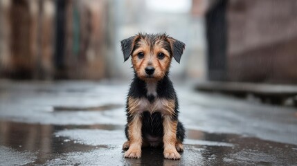 Sad stray puppy sitting on wet pavement, heavy rain pouring, lonely abandoned dog needs help