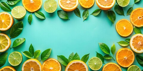 A vibrant display of juicy orange and lime slices arranged around a turquoise background, creating a refreshing and invigorating visual