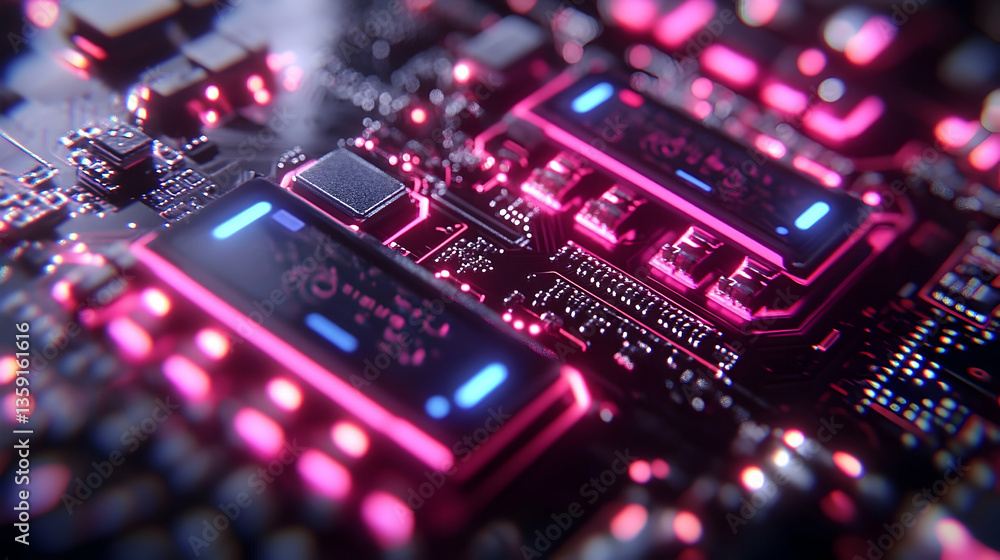 Poster close-up view of a vibrant circuit board with glowing components and intricate designs, showcasing t