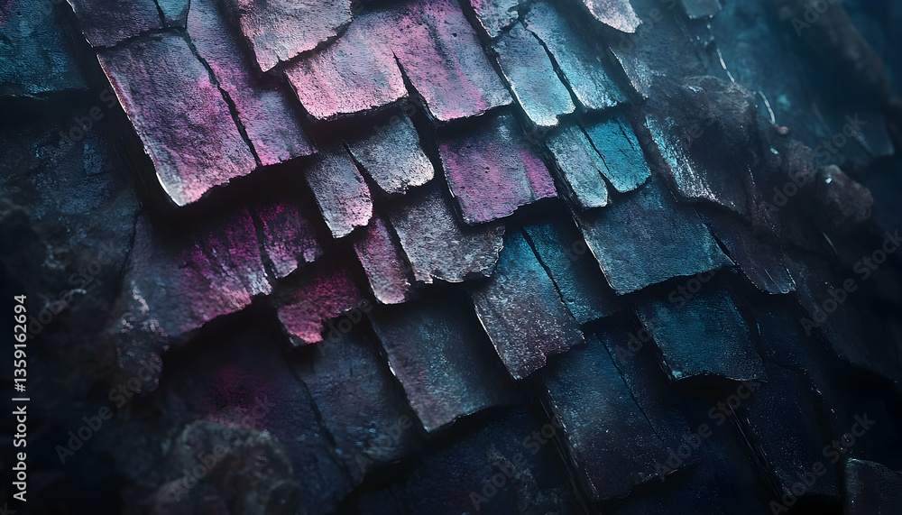 Poster close-up view of textured, colorful bark or scales with a gradient effect, showcasing natural patter