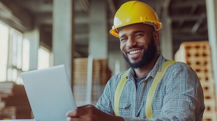 Smiling Construction Worker in Hardhat Using Laptop at Job Site