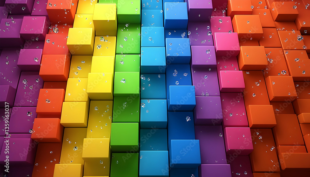 Poster colorful 3d blocks arranged in a vibrant rainbow pattern with sparkling reflections
