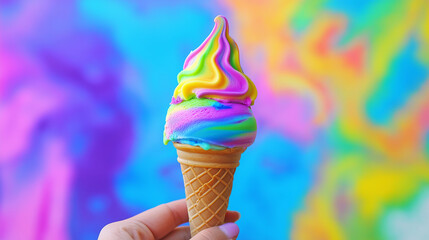 Hand holding a bright rainbow swirl ice cream against colorful backdrop. Fun and eye-catching. Perfect for summer ads or food promos.
