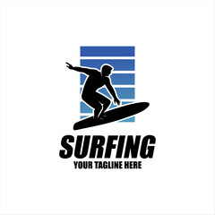 Surfing in beach logo illustration