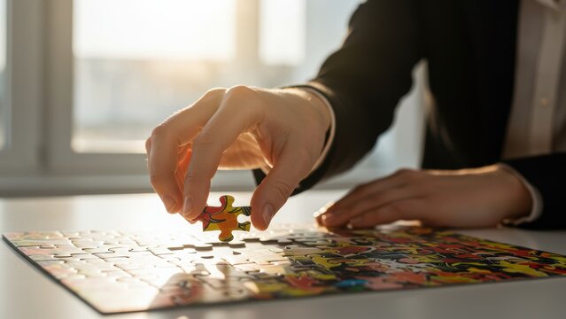 Adult male in business attire placing colorful jigsaw puzzle piece on table, indoors in natural light, focused hobby