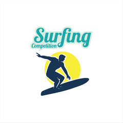 Surfing in beach logo illustration