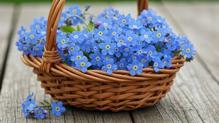 Close up of blue forget me nots in woven basket on wooden surface, symbolizing remembrance and appreciation