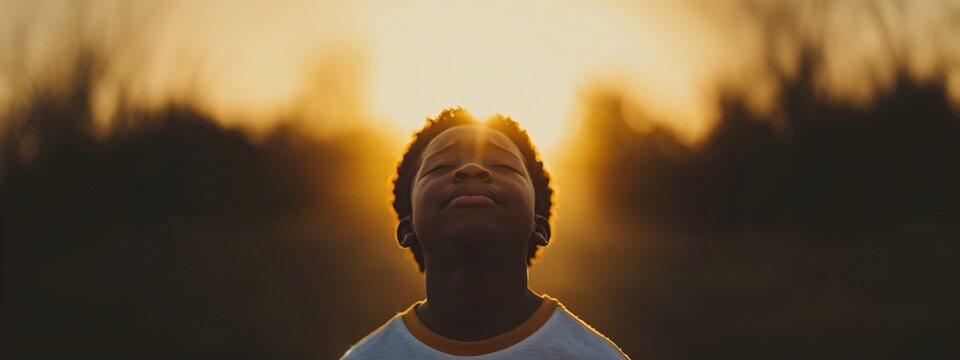 African american child looking up at sunset sky. Hope, faith, and spirituality concept. Easter, Pentecost, All Saints' Day, World Day of Prayer image for religious greeting card