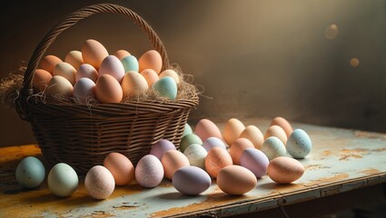 Colorful Easter eggs in a wicker basket on a rustic wooden table surrounded by soft light and warm atmosphere