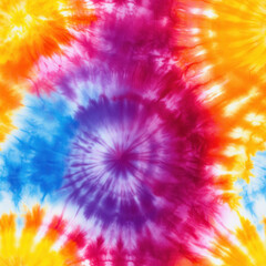 Vibrant tie dye spiral pattern with bold colors and retro aesthetic