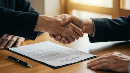 Businessmen shaking hands over signed contract in office, symbolizing agreement and collaboration