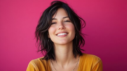 Fototapeta premium happy woman smiling portrait against pink background