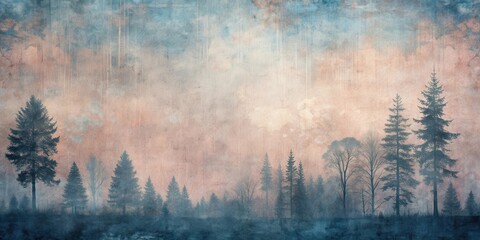 Silhouetted Forest Trees Against a Misty Watercolor Sky with Hints of Blue and Pink