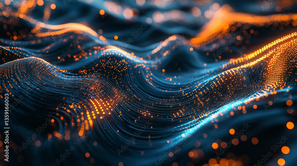 Poster abstract nanofiber 3d illustration. twisted lines with dots of light. neuro impulse in cyber stream