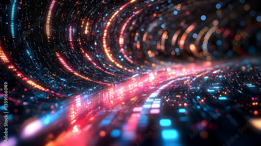 Poster colorful abstract digital tunnel with glowing lights and flowing patterns, creating a sense of motio