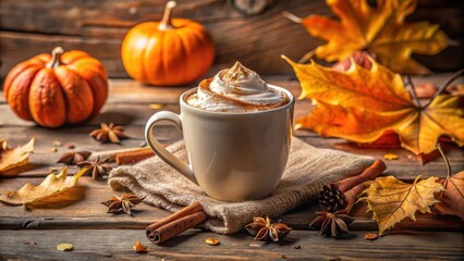 Fototapeta premium A Cozy Autumnal Scene Featuring a Cup of Whipped Cream Coffee, Pumpkins, and Dried Leaves